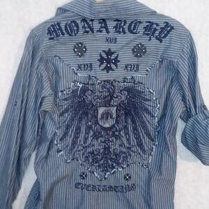 Monarchy  S Embroidered Button Shirt Gray Pinstripe Raw Hem roll tab Y2K Grunge